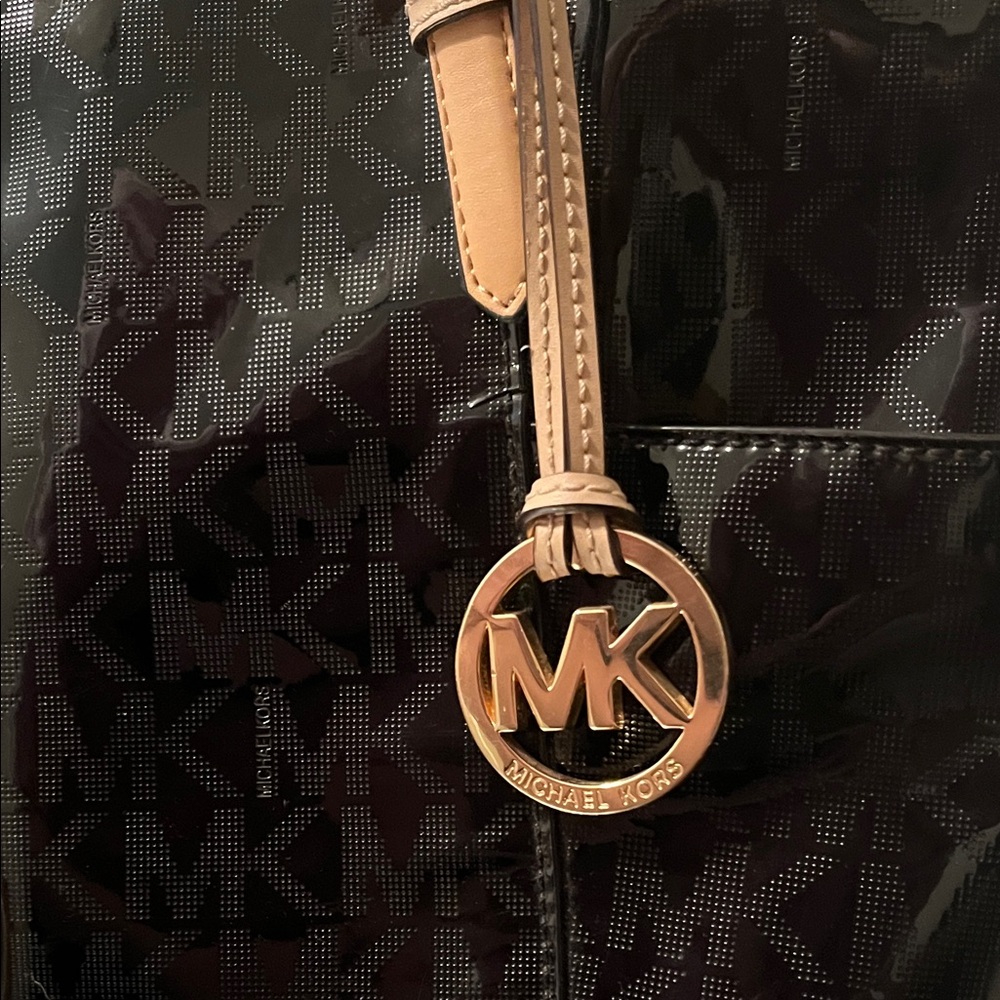 Michael Kors Shiny Black MK Tote with Camel Straps - Picture 3 of 12